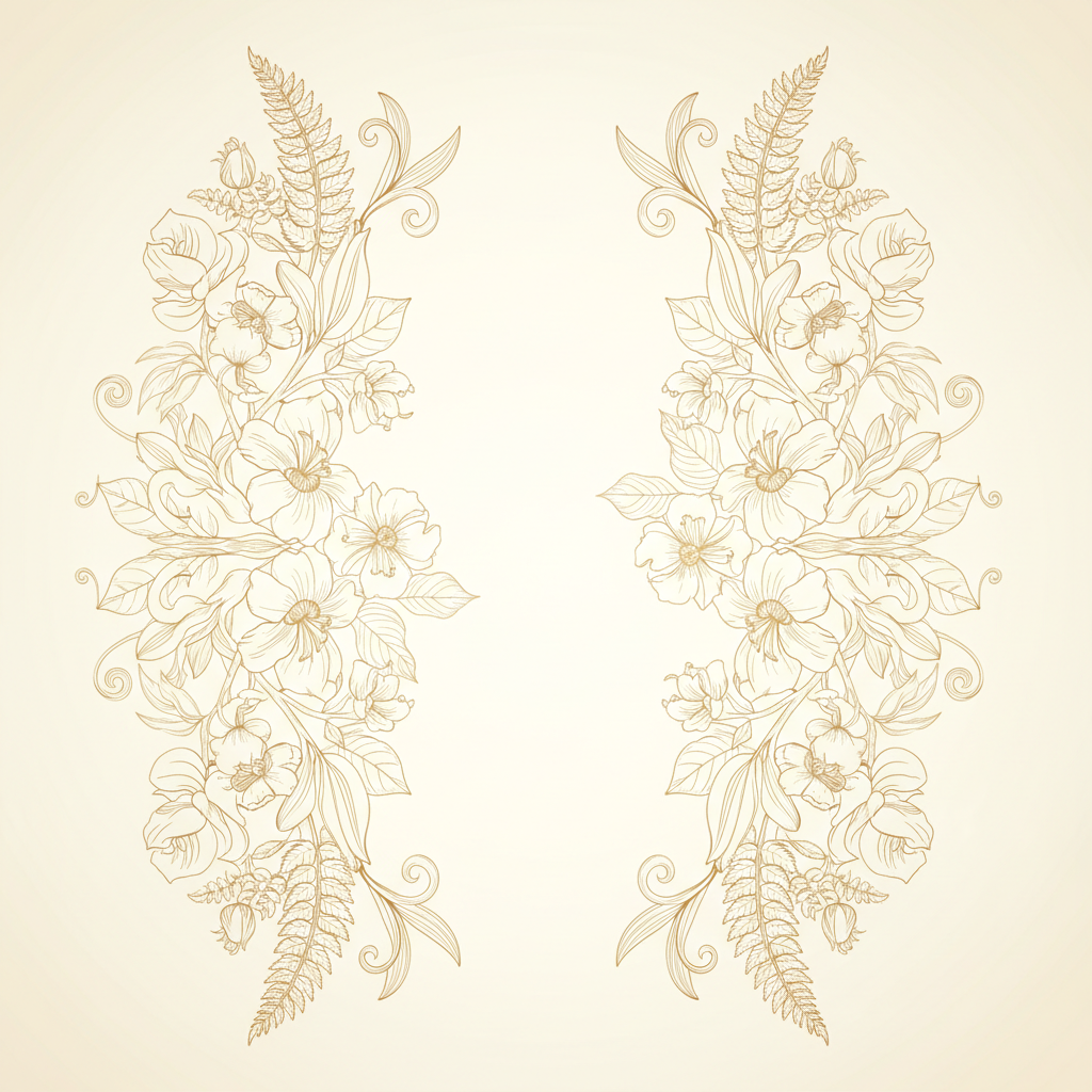Delicate botanical line art illustration in warm gold and cream tones