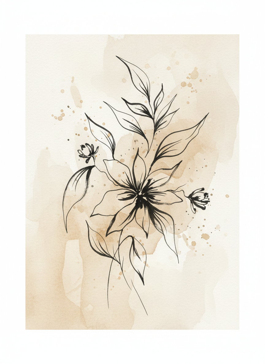 Ink brush botanical motif in warm beige tones