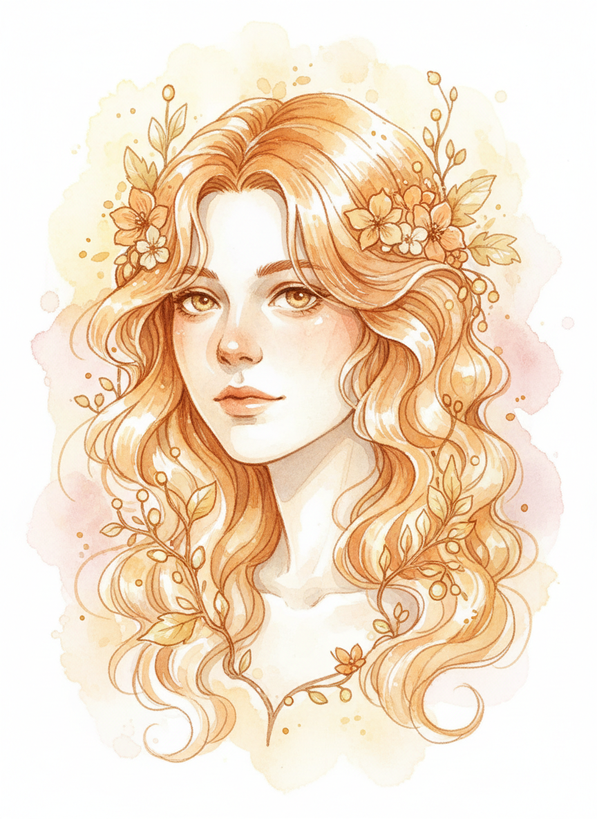 Character portrait illustration with botanical elements woven into hair, watercolor style, warm amber and cream tones