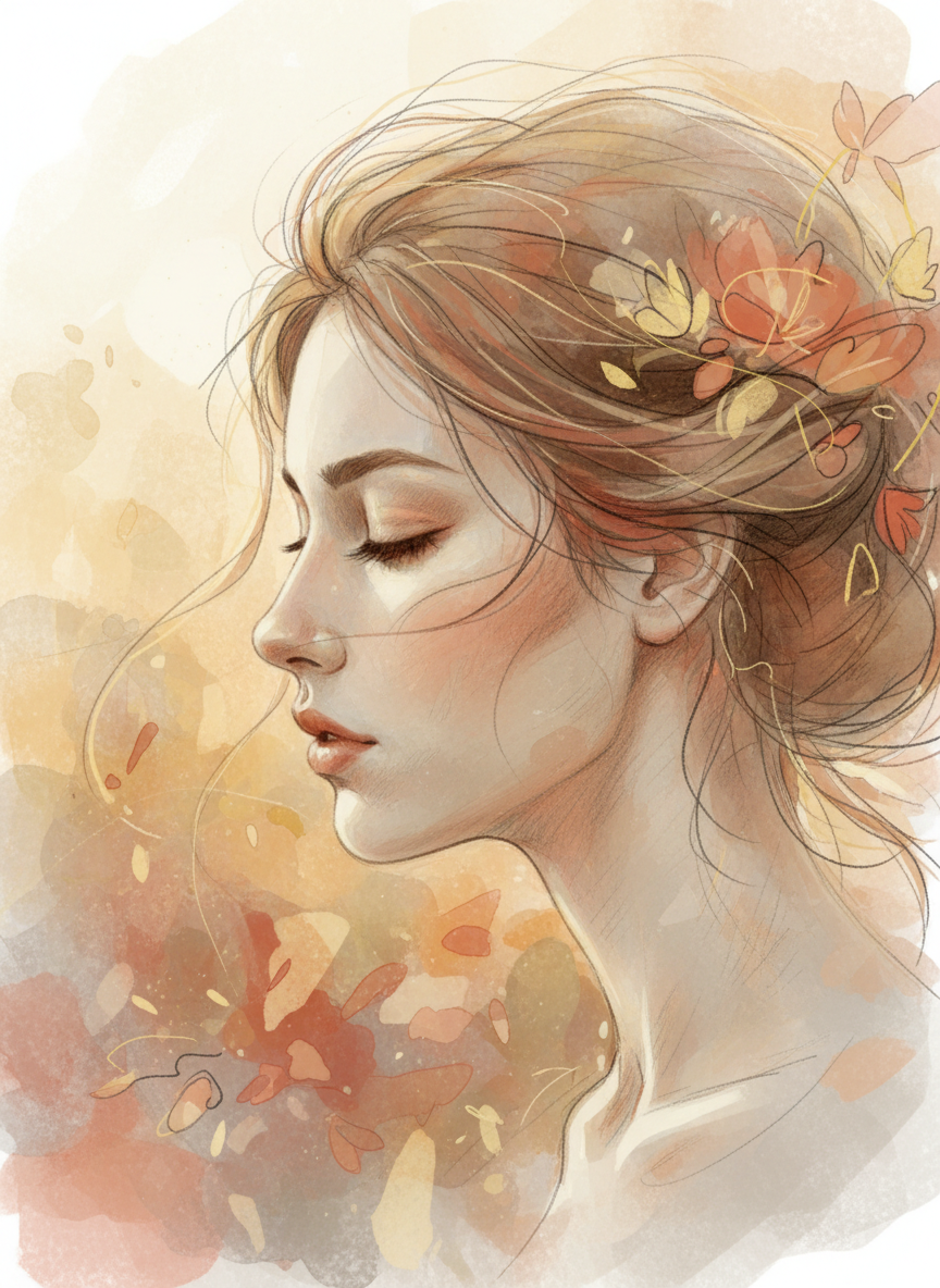 Delicate portrait illustration of a face in profile, soft painterly strokes, muted warm palette, artistic sketch style