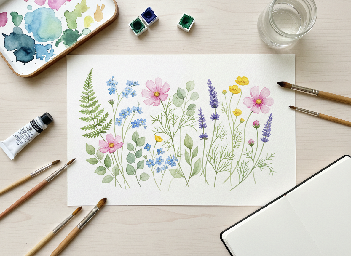 Botanical watercolor illustration of wildflowers and foliage on paper surrounded by art supplies, paintbrushes and a palette on a cream studio desk, top-down flat lay, elegant