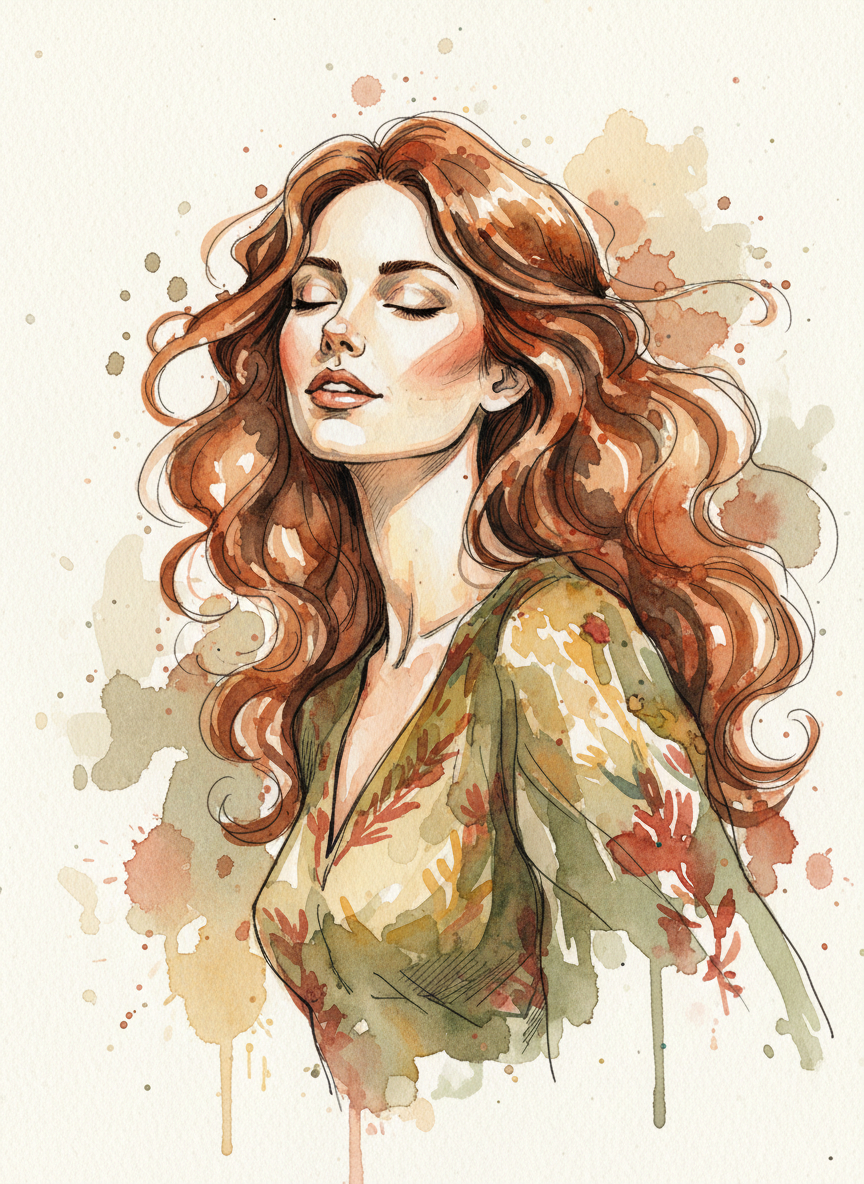Expressive painterly portrait illustration of a woman with flowing hair, warm earthy tones, watercolor and ink style, refined editorial art, cream background