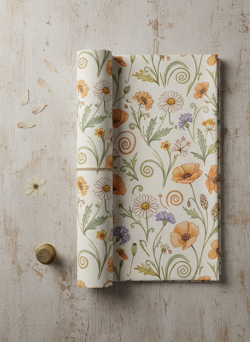 Botanical surface pattern shown on wallpaper and fabric in warm amber and cream tones
