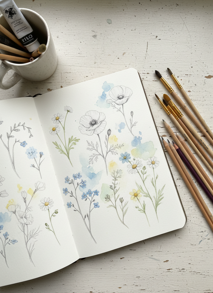 Open sketchbook with botanical studies and art supplies on a cream desk