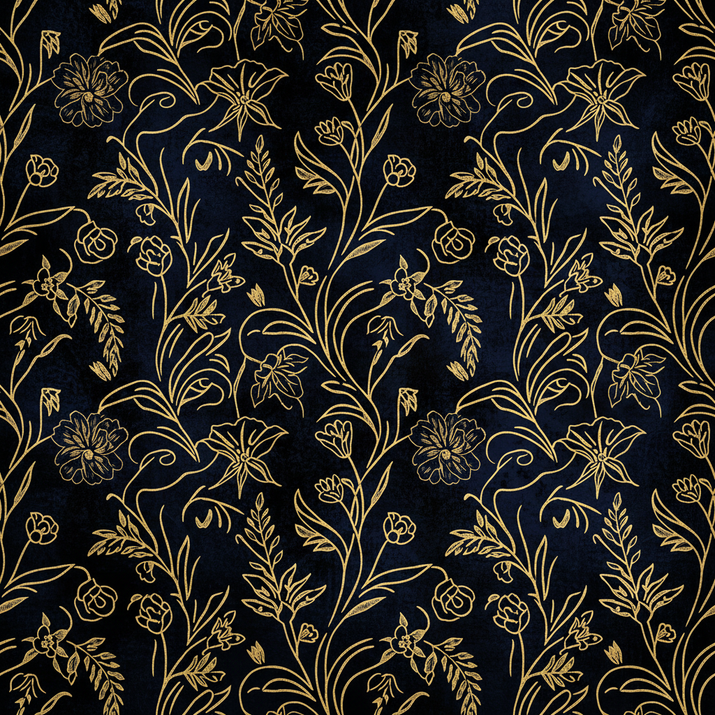 Midnight Garden pattern — deep navy and gold botanical florals