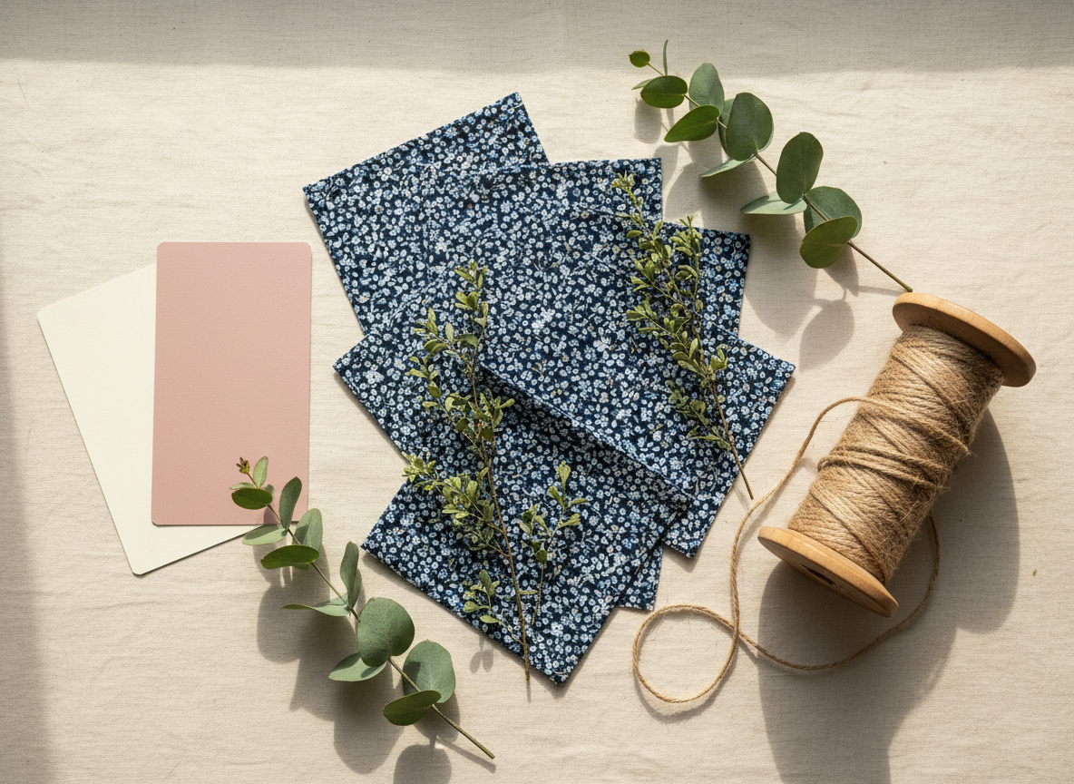 Flat-lay of navy floral fabric swatches, color palette cards, twine spool and green botanical sprigs