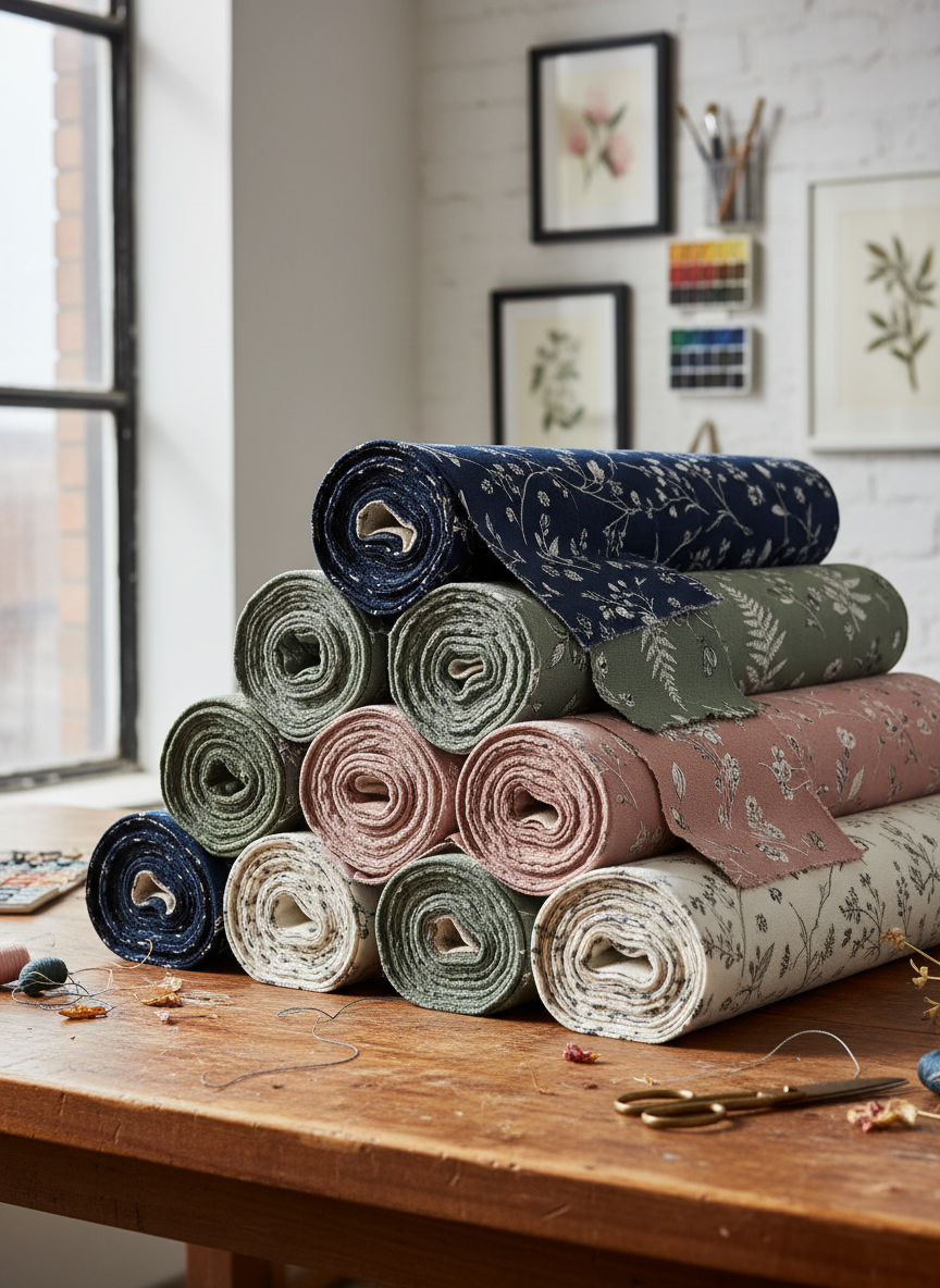Stacked rolls of botanical fabric in navy blue, sage green, dusty pink, and cream. The fabrics feature delicate floral and botanical patterns — wildflowers, leaves, and botanical illustrations. Soft natural lighting, elegant and artisan aesthetic, styled like a high-end surface design studio. Shot at a slight angle, richly textured and tactile feeling.