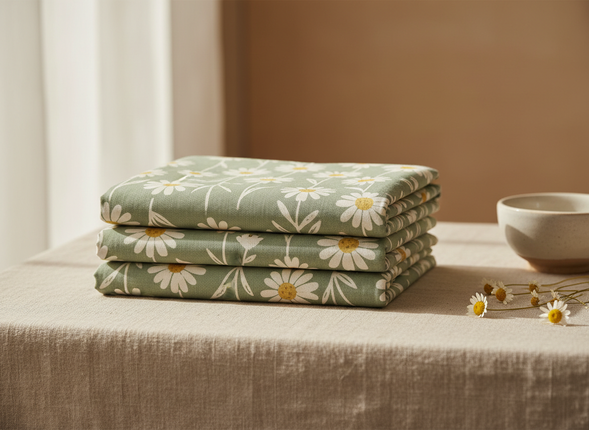 Folded botanical-print fabric in sage green and cream daisy pattern
