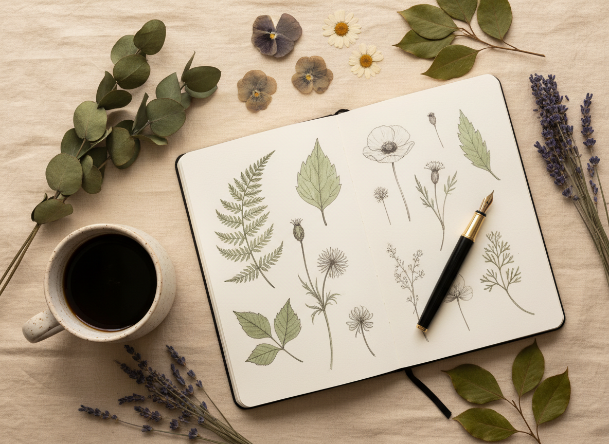 A botanical sketchbook with hand-drawn leaf illustrations, a black pen, a ceramic mug, and dried botanicals in warm earthy tones.