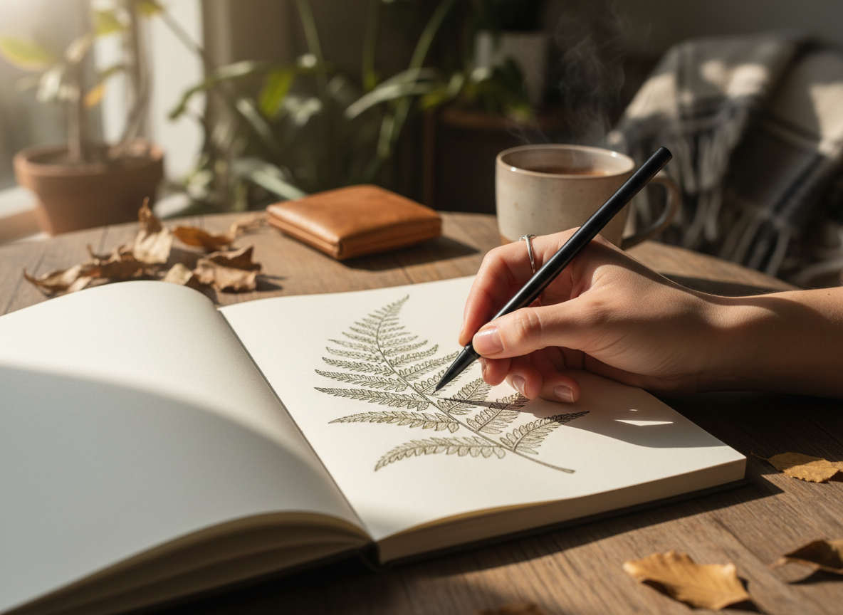 Close-up of a hand holding a fine black ink pen, drawing a delicate botanical leaf illustration in an open sketchbook, warm natural daylight, earthy muted tones, artisan slow-living aesthetic, shallow depth of field