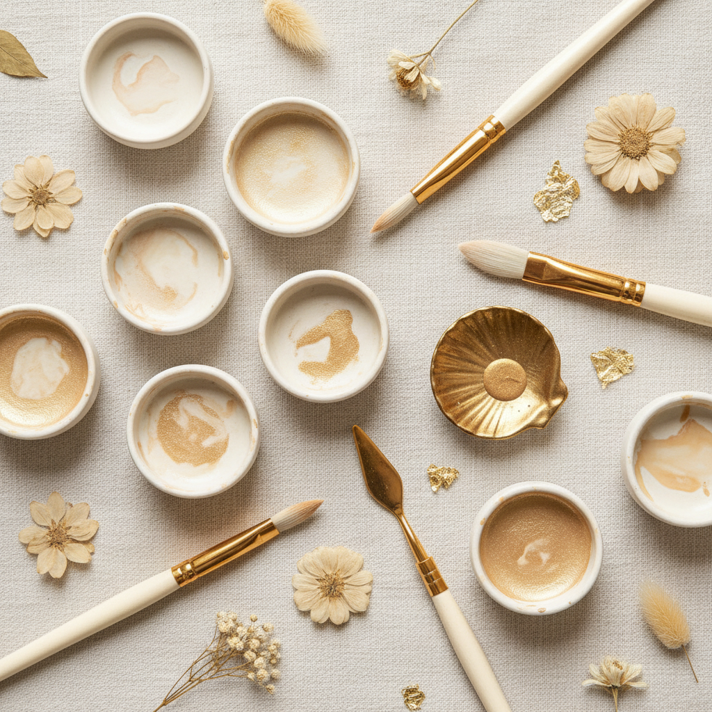 Watercolor paints and brushes in warm cream and gold tones.