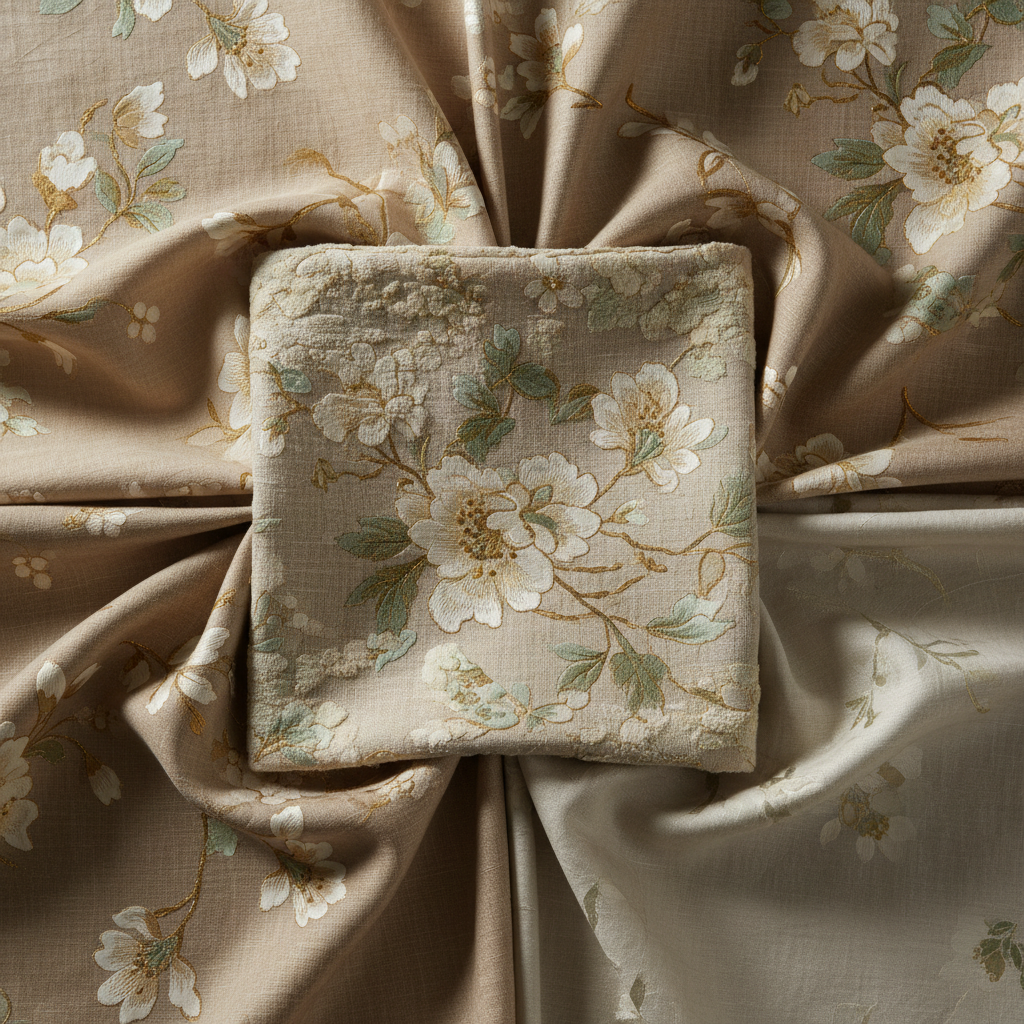 Textured fabrics with a delicate floral pattern in cream, sage, and gold tones.