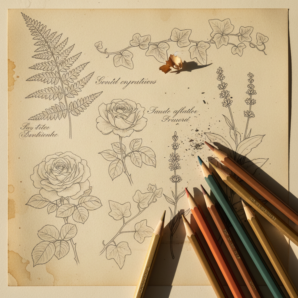 Botanical pencil sketches and colored pencils on cream paper.