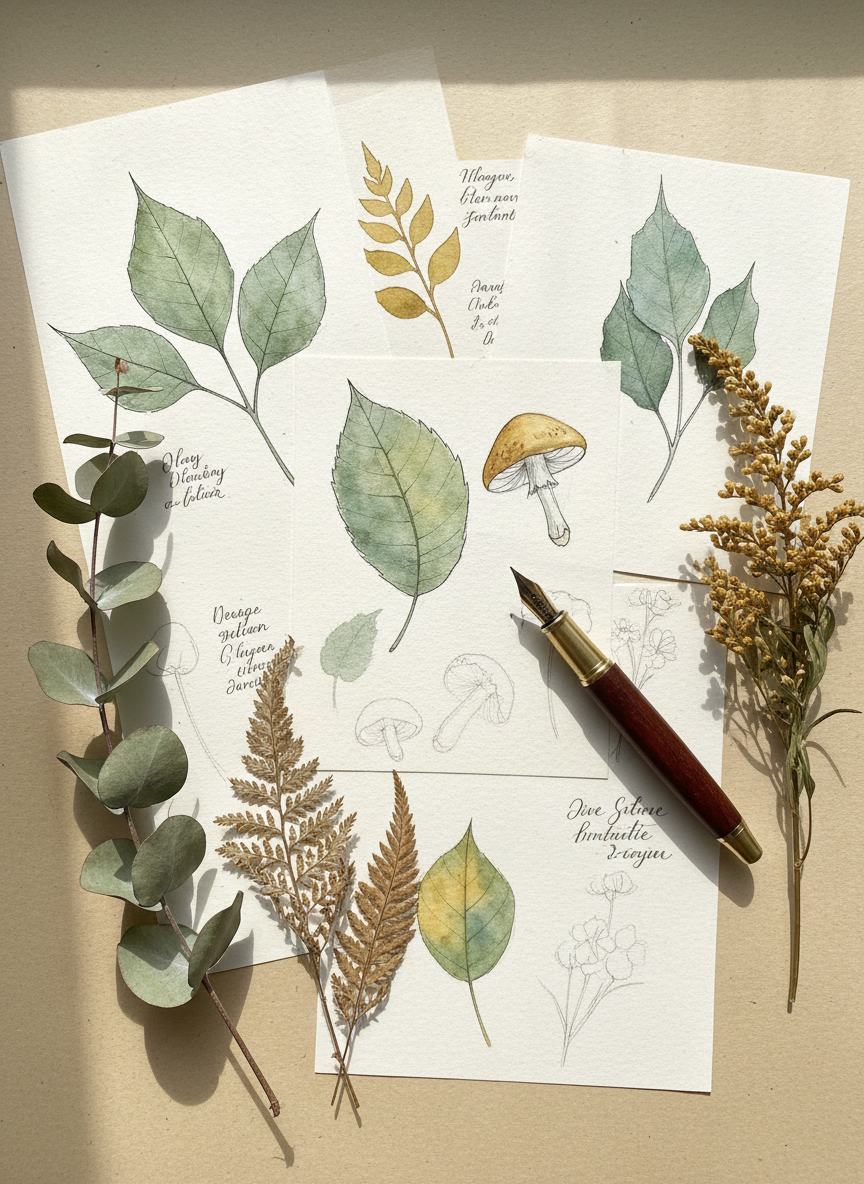 A tall overhead photograph of botanical watercolor studies and sketches laid flat on a warm cream surface, with a fountain pen and dried botanical sprigs arranged beside them.