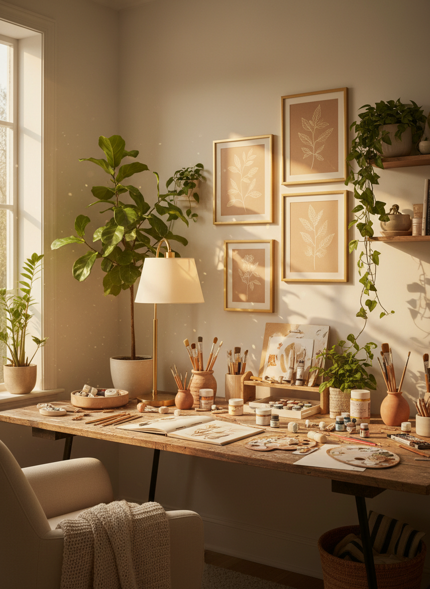 A warmly lit artistic studio workspace with a brass table lamp, art supplies, potted green plants, framed botanical prints on the walls, and a wooden desk.