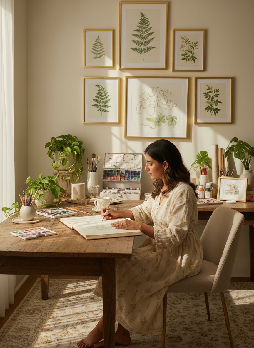 A tall portrait photograph of an Indian woman designer sketching at a wooden desk, surrounded by framed botanical prints on the wall, art supplies, watercolor paints, and green potted plants.