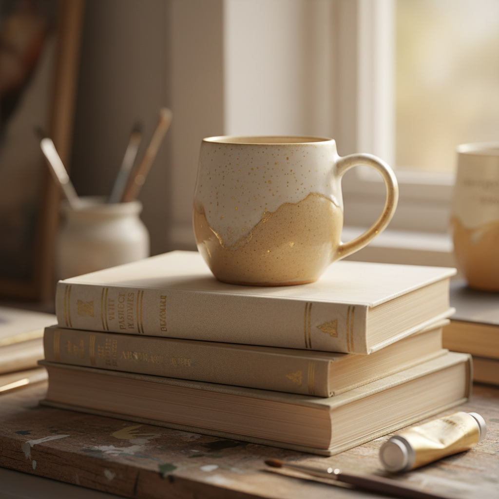 A stack of vintage art books with a ceramic mug on top.