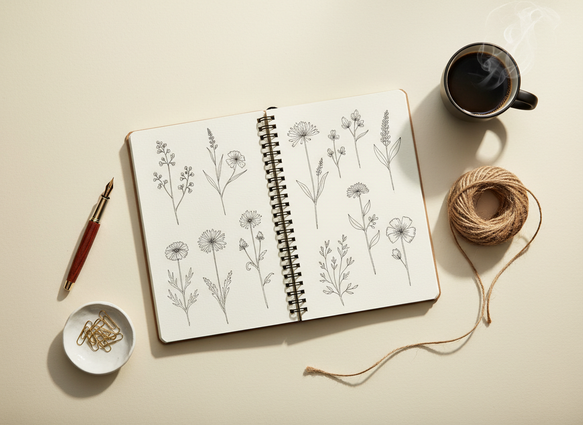 Editorial flat-lay of sketchbook with botanical illustrations, fountain pen, gold paper clips, twine and a coffee cup