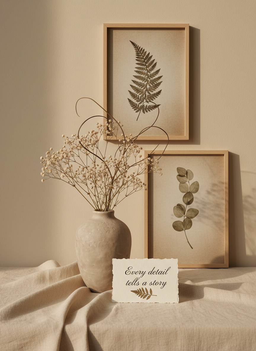 Portrait editorial photo of a ceramic vase with dried botanicals, framed art prints and a card reading Every detail tells a story