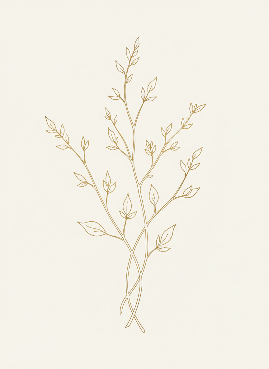 Delicate antique-gold botanical line-art illustration of dried stems and branches