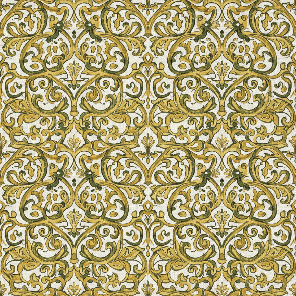 Ornamental surface pattern in gold ochre and olive on cream
