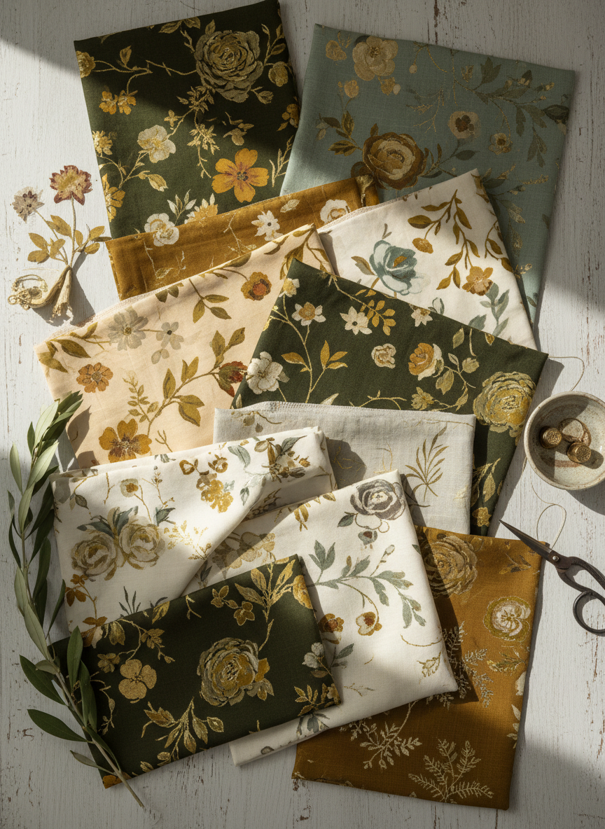 Elegant flat-lay of layered floral botanical fabric swatches in dark olive green, light sage, warm cream and gold ochre tones