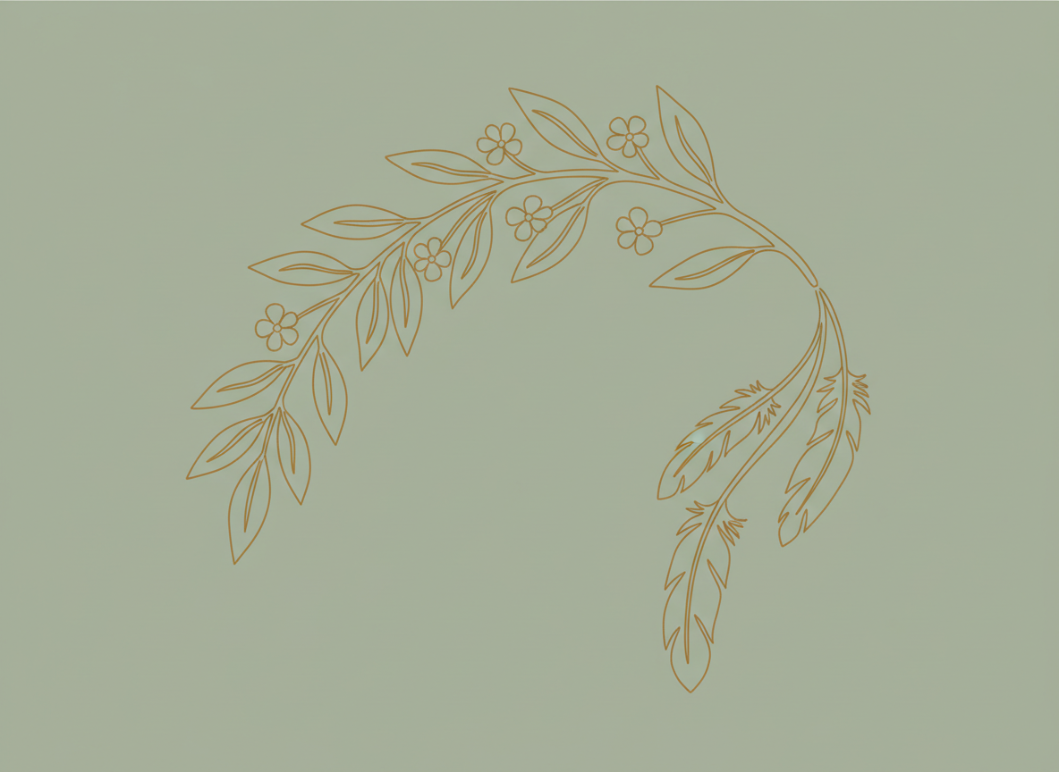 Delicate gold line-art botanical illustration of a leafy branch with small flowers and feathers on a sage green background