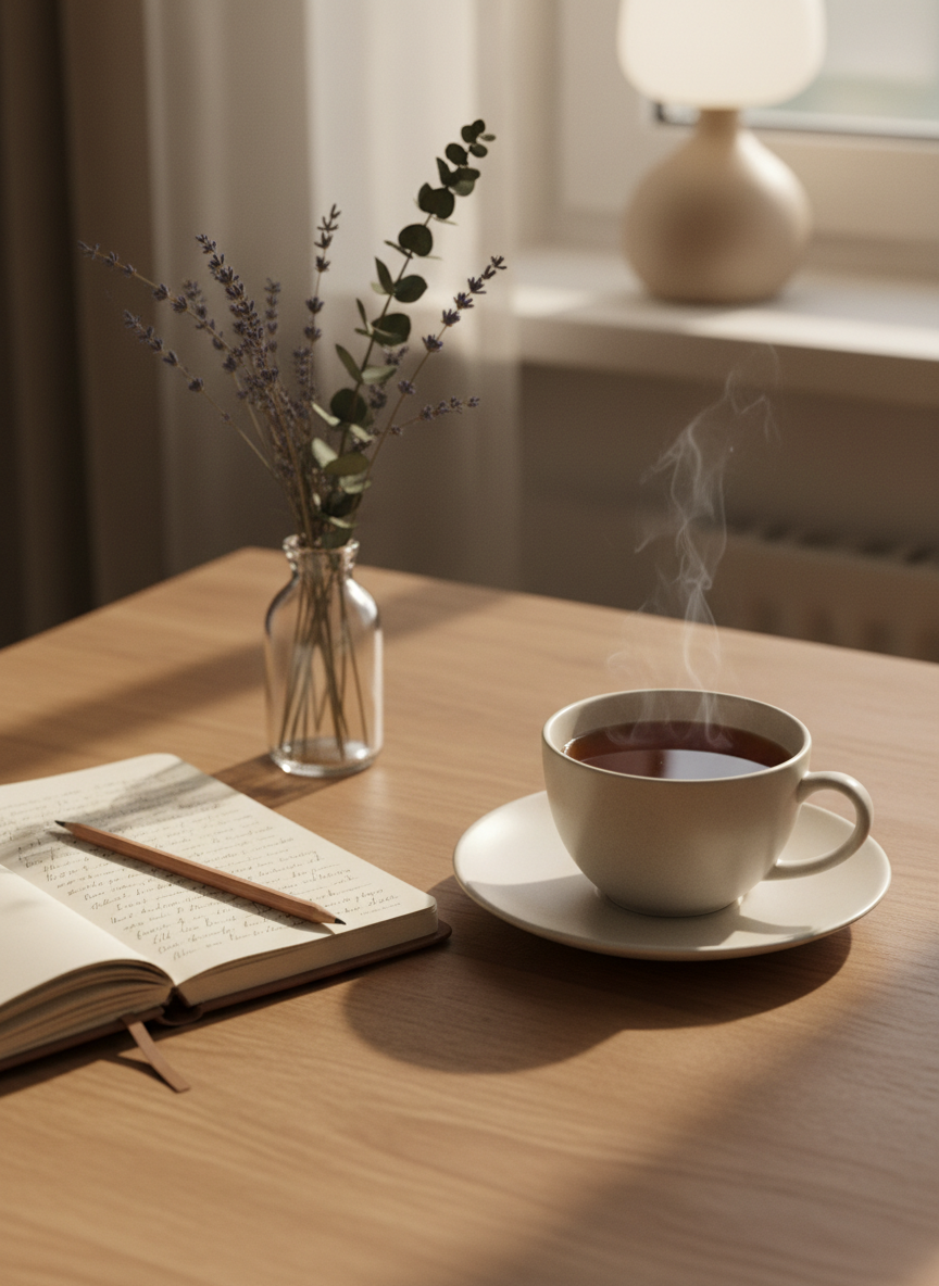 A softly lit still-life photograph of everyday objects - a cup of tea, a sketchbook, dried flowers on a warm wooden surface, quiet poetry of daily life, warm cream tones.