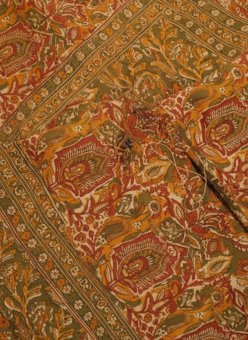 A close-up photograph of traditional Indian textile patterns and hand-block printed fabric with intricate motifs, warm gold and earthy tones, artisanal heritage craft aesthetic.