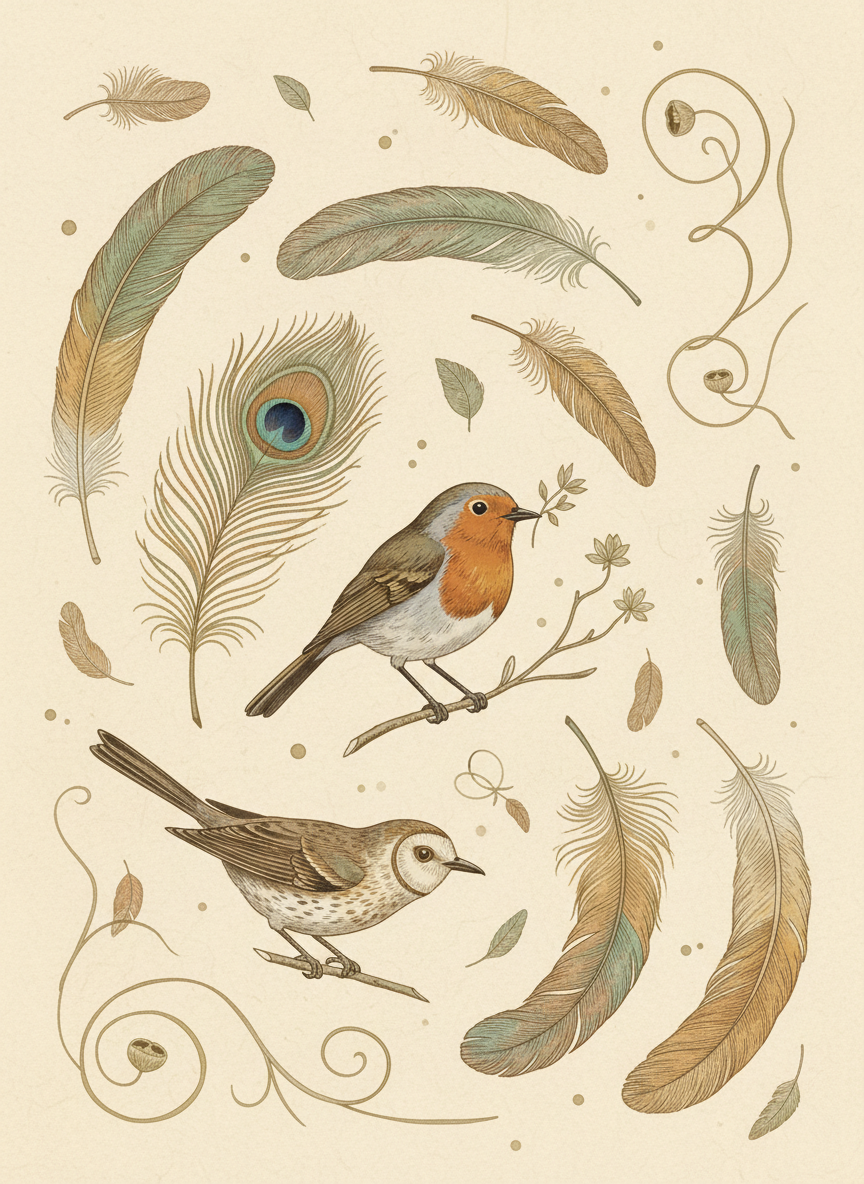 An elegant illustration-style photograph of birds and feathers in soft muted earthy tones on a warm cream background, delicate and refined, artisanal aesthetic.