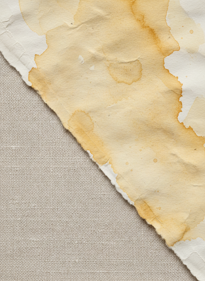 An abstract macro photograph of natural textures - woven linen, paper grain, and painted watercolor washes in warm cream and amber tones, artisanal editorial style.