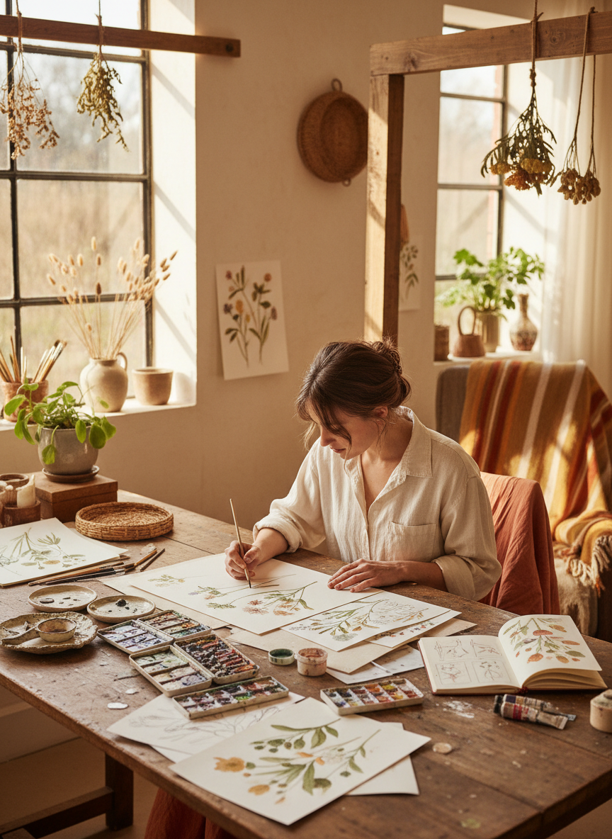 A warm, natural-light photograph of a woman illustrator sitting at a wooden desk, drawing and sketching with watercolors. She is focused on her work, botanical illustrations and paint palettes visible on the desk. Soft cream and warm earth tones, artisanal handcrafted studio atmosphere, sophisticated editorial photography style.